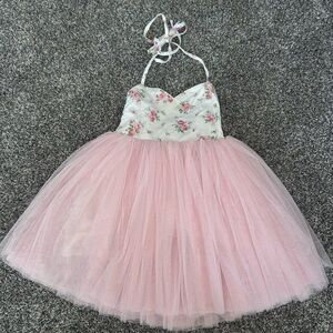 Pink Floral Halter Tulle Party Dress for Girls